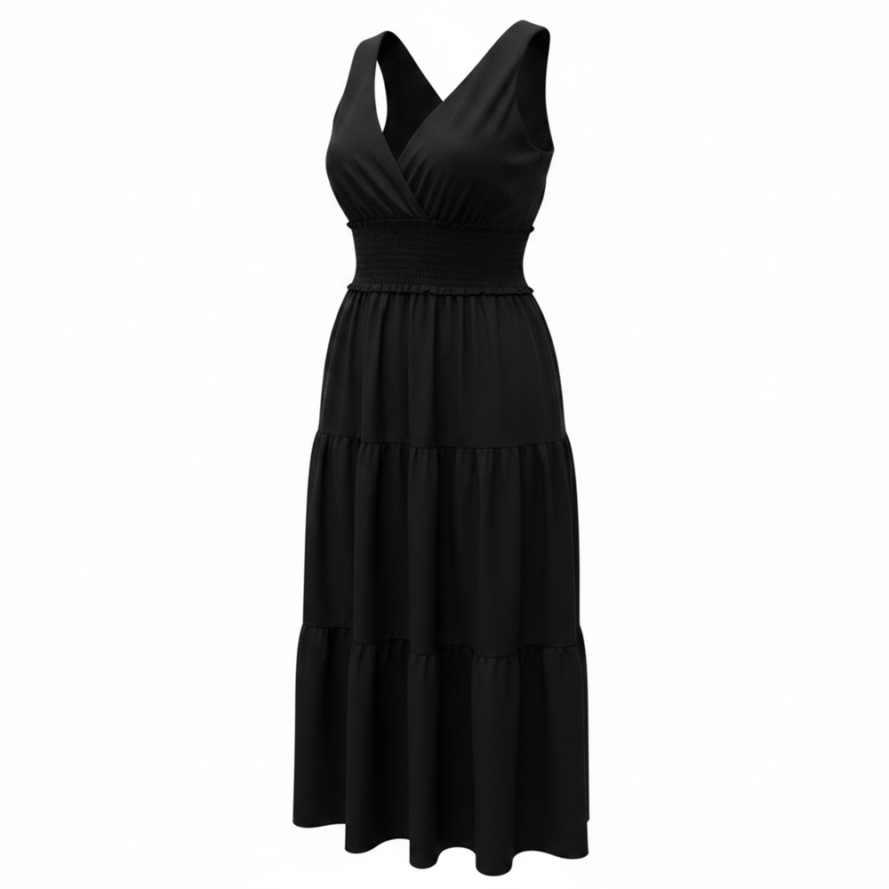 Vince Camuto Dress Womens Small Black Smocked V Neck Tiered Maxi Sundress